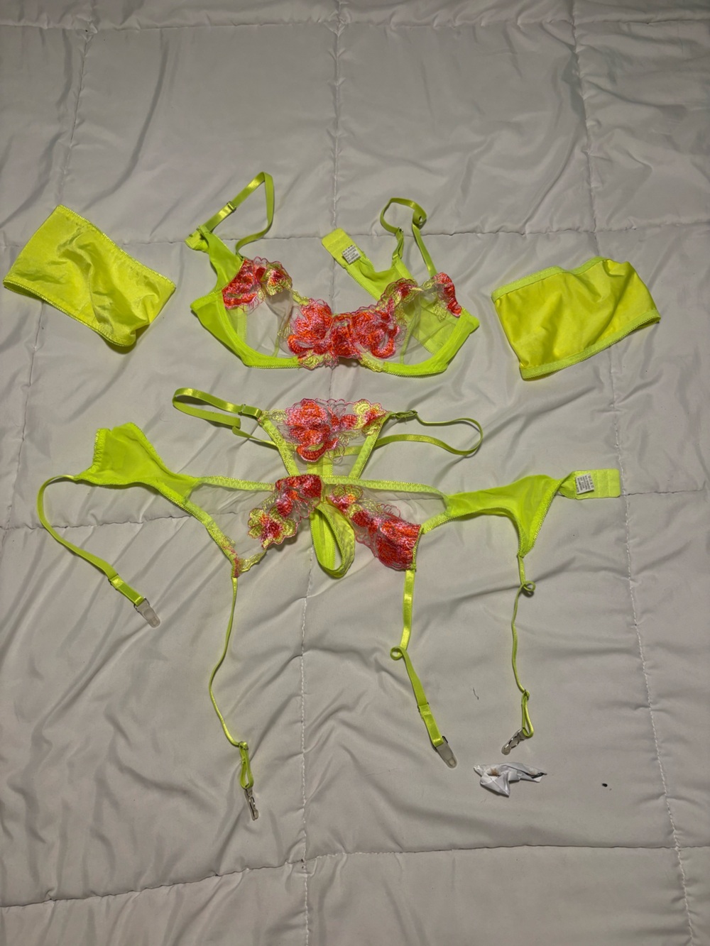 Sheer Floral Embroidered Bralette Set - Neon Yellow